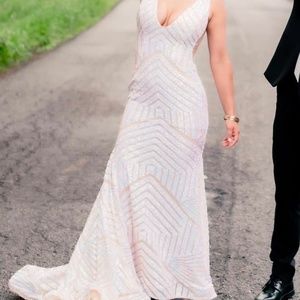 Jovani White Prom, Iridescent Sequins, Worn Once, Altered to fit 5’2” height.